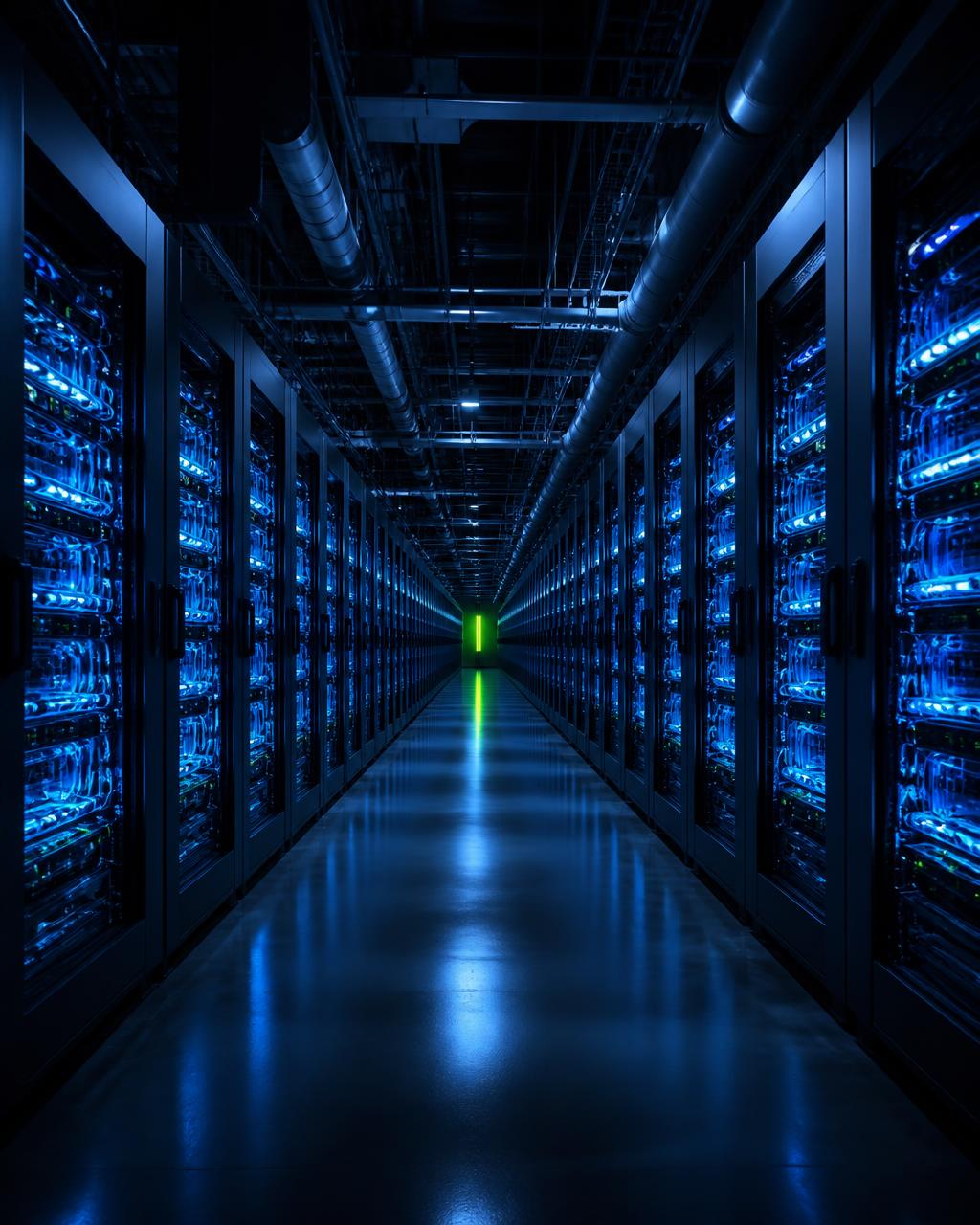 Interior of a Qaint proprietary data centre with dense GPU racks and liquid cooling