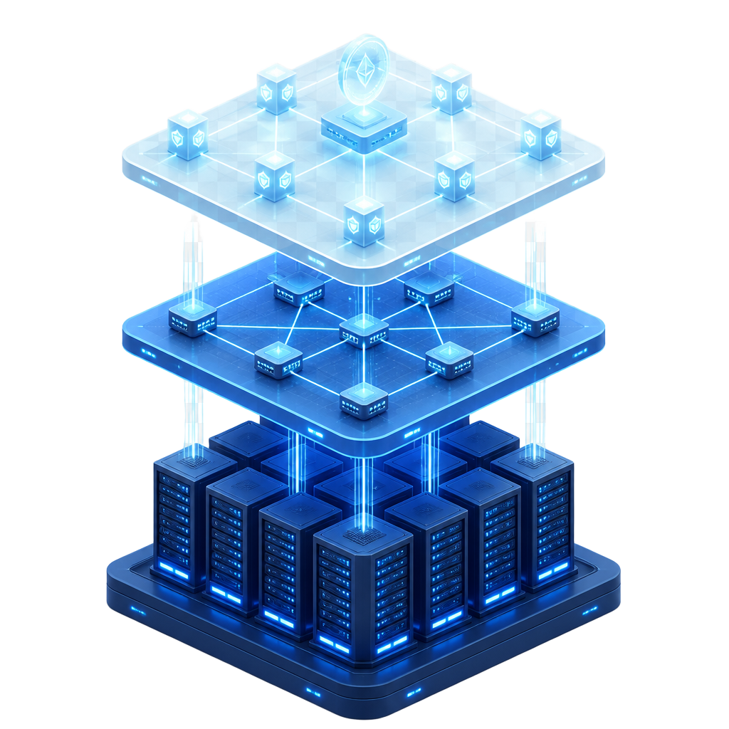 Isometric stack showing proprietary data centre hardware, network fabric and financial ledger layers integrated vertically